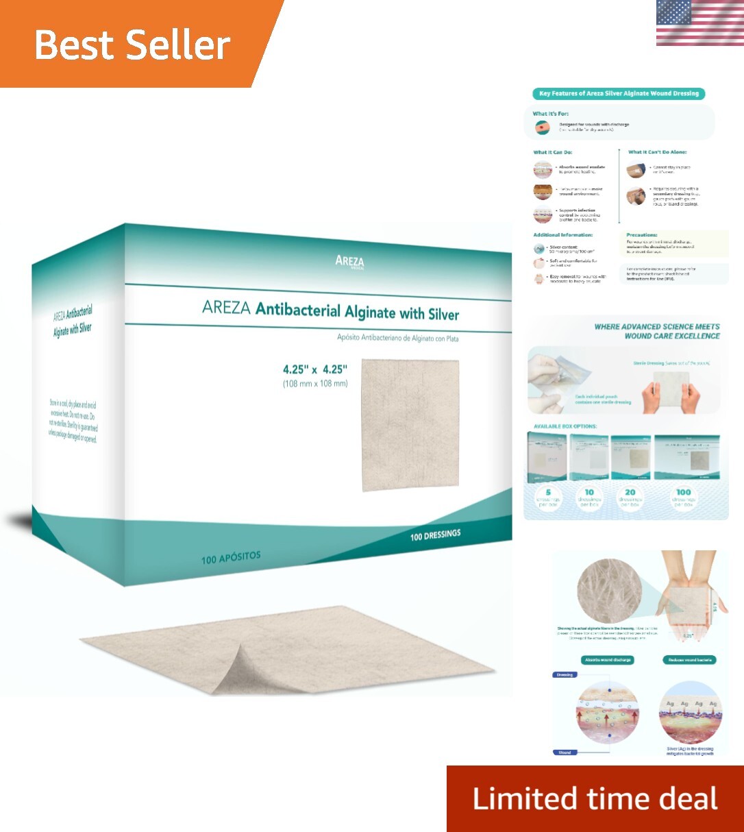 Silver Alginate Antibacterial Alginate with Silver - Wound Dressing Pads - St...