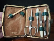 Vintage 1940s Germany U.S. Zone Green Leather Zippered Manicure Travel Kit Case