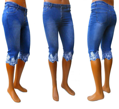 3/4 Capri Jeans  42-50 Bermuda Sommer Hosen Strandhosen Sommerjeans Stickereien