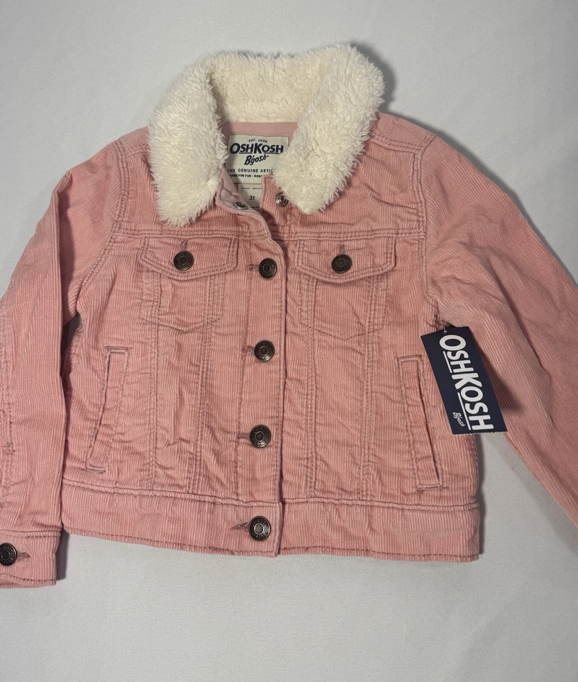 Chaqueta de pana rosa OshKosh imitación cuello de piel de sherpa forrada a presión niñas 3T NUEVA Foto 2 de 4