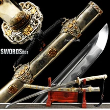 Silvery Brass Japanese Samurai Tachi Sword Honsanmai Clay Tempered Folded Steel