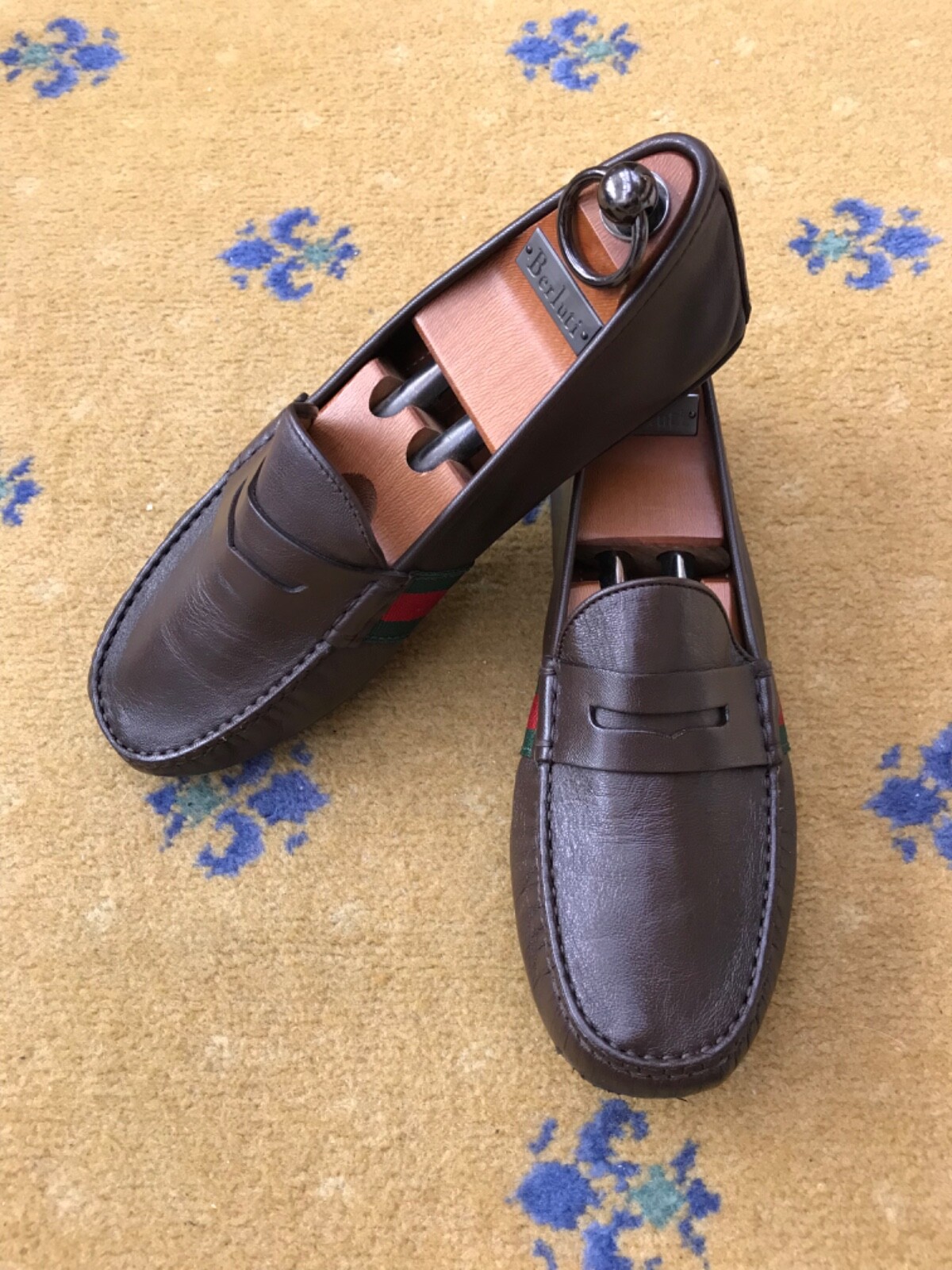 Gucci Loafers Shoes Drivers Brown Leather Mens UK 5.5 US 6.5 39.5 Web Green Red thumbnail 2