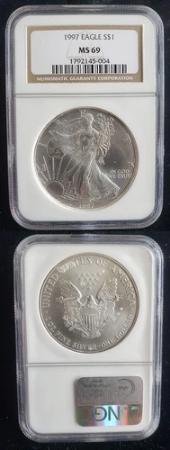 1997 American Silver Eagle 1 Oz Graded NGC MS69 Brown Label 24381