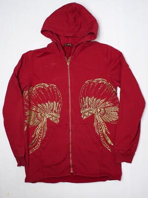 Robins Jeans Hoodie Mens L Red Gold Headdress Print Full Zip Made in USA 