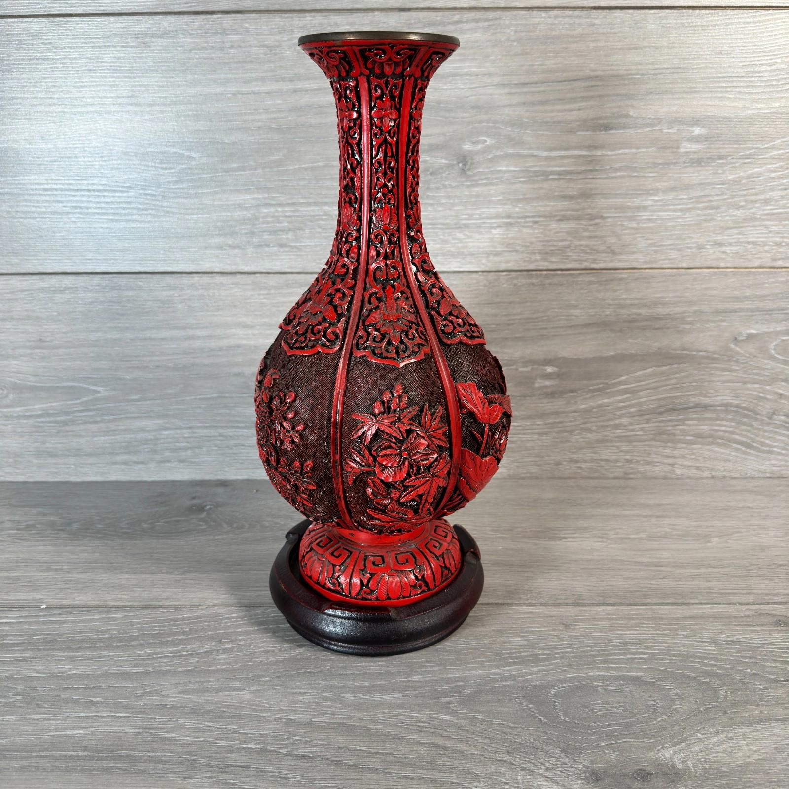 Chinese Carved Cinnabar (Not Confirmed) Lacquer Vases W/ Wooden Base image 9