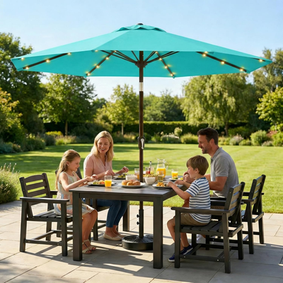 lighted umbrella for patio table Kingdura 15ft Large with Solar Lights, Double-Sided Rectangle Outdoor Umbrella with Base Included, 12 Reinforced Ribs, 48 Led Lights, Crank Lift Market Pool Deck Backyard If your umbrella comes with its own light OYOCO Patio Umbrella Light 3