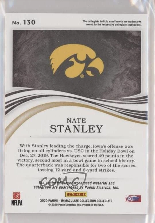 2020 Panini Immaculate Collegiate Rookie /99 Nate Stanley #130 RPA Patch Auto RC - Image 2 of 2