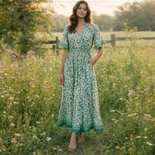 Green Floral Maxi Dress Cotton Linen Surplice Wrap Pockets NWT Sz XL Cottagecore