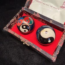 Chinese Baoding Balls Blue Yin Yang Meditation Chime Balls with Silk Box Vintage