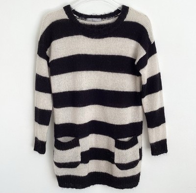M&S Pullover 8 offen Strick mit Mohair schwarz-weiß Streifen Beatnik Grunge
