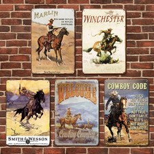 5pcs Vintage Metal Cowboy Signs - Rustic Tin Sign for Cowboy Room, Boys Room,...