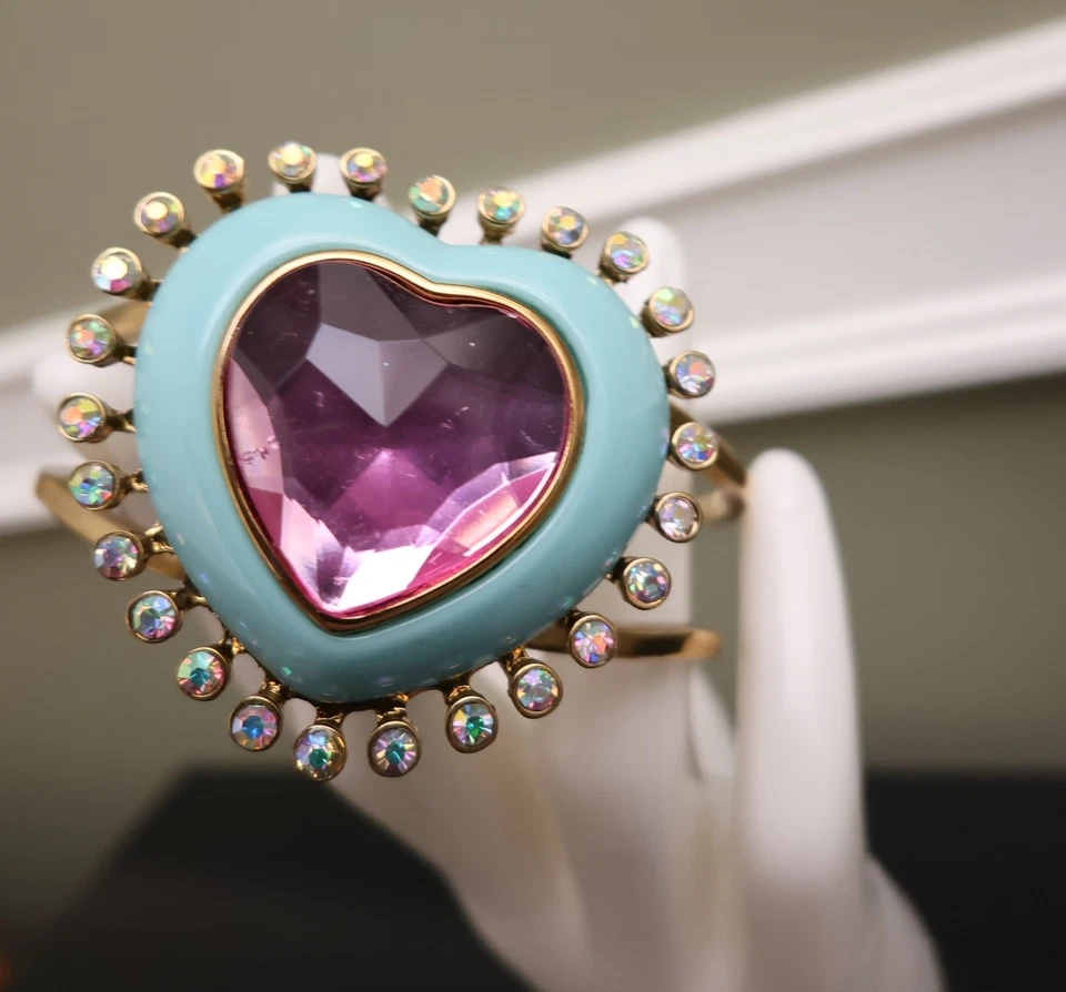 Betsey Johnson bracelet Candyland heart pink crystal aqua enamel signed goldtone - Image 3 of 4