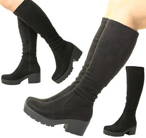 Ladies Womens Black Chunky Heel Suede Stretch Wide Calf Fit Calf Knee High Boots | eBay