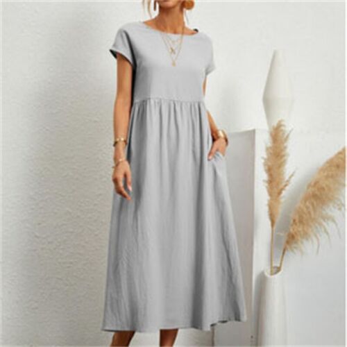 Vestido Midi Damas Verano Informal Lino Midi Vestido Para mujeres Vestido Liso Plisado - Imagen 22 de 26