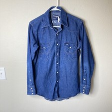 Vintage Wrangler X-Long Tails Denim Pearl Snap Shirt Mens Size 15.5 / 33