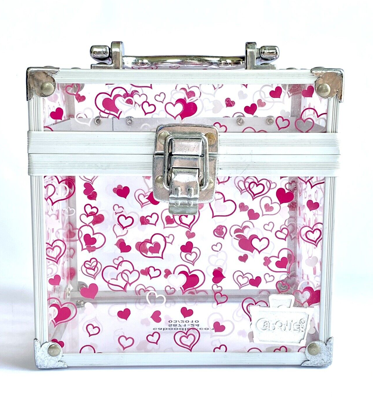 Caboodles 2010 Clear Acrylic Pink White Hearts Makeup Train Case Box