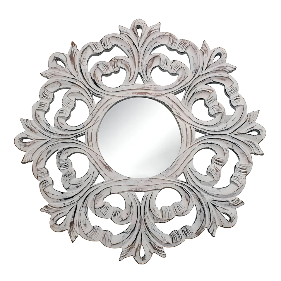 24" White Floral Scrollwork Distressed Round Framed Accent Mirror - Image 2 of 4