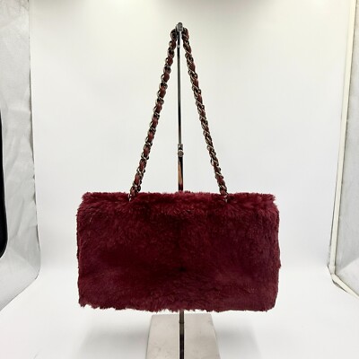CHANEL Fur Double Chain Shoulder Bag Handbag Red Bordeaux 731 | eBay