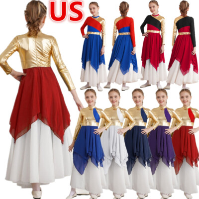 Kids Girls Long Sleeve Metallic Lyrical Praise Dance Dress Church  Worship