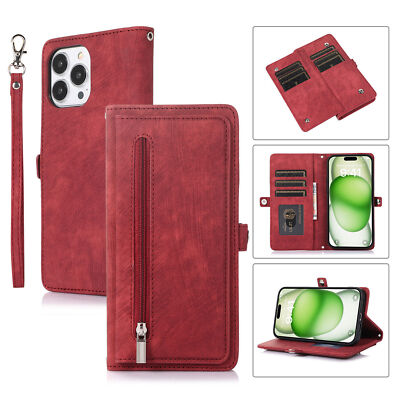 Zipper Leather Card Wallet Phone Case For iPhone 16 15 14 13 12 11 Pro Max XR XS