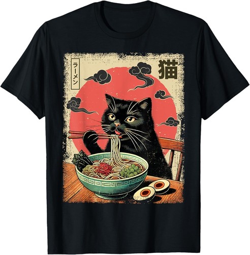 Cat Ramen Japanese Funny Graphic Tees Kawaii Cat Anime Gifts Unisex T-Shirt - Picture 2 of 7