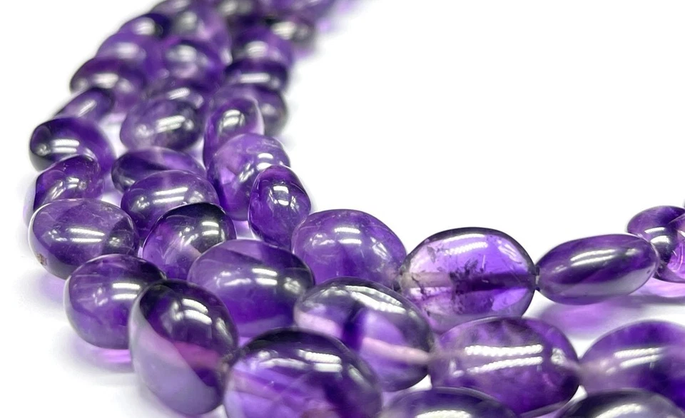 A+++ 自然紫水晶三层光滑椭圆形宝石珠项链 18 英寸 — 第 3/4 张图片