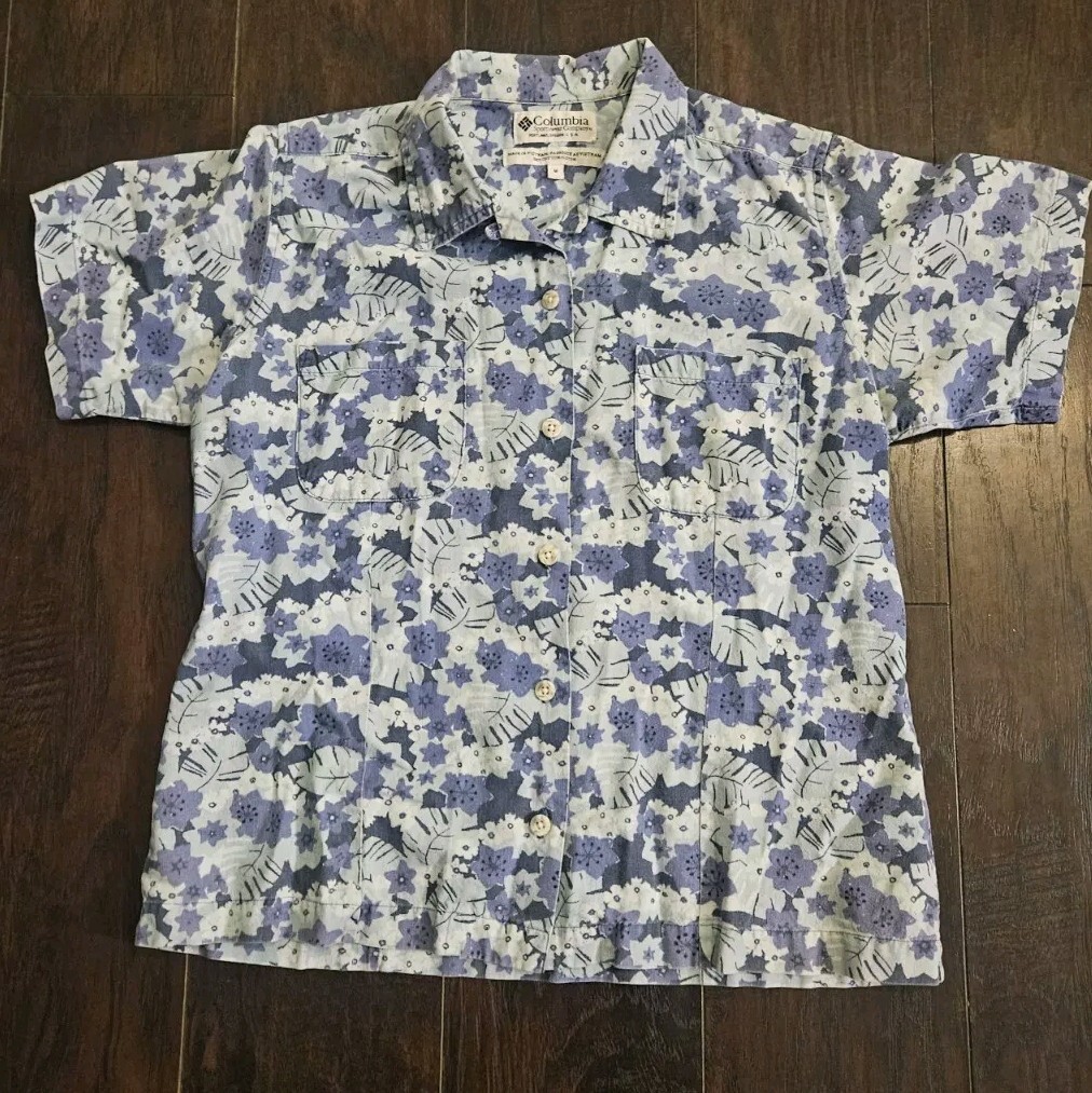 Columbia Camp Men’s Medium Hawaiian Button Up Shirt Collared Blue Leaf Print