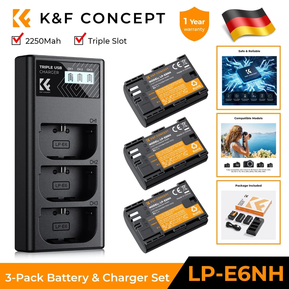 K&F Concept LP-E6NH Akku,2250mAh (3er Pack) und 3-Slot Ladegerät -Kit mit Canon
