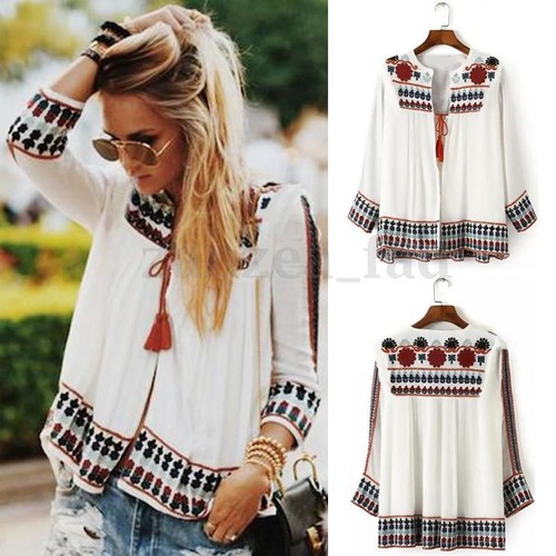 Vintage Damen 3/4 Arm Boho Floral Embroidery Sommer Casual Tops Cardigan Shirt - Picture 3 of 5