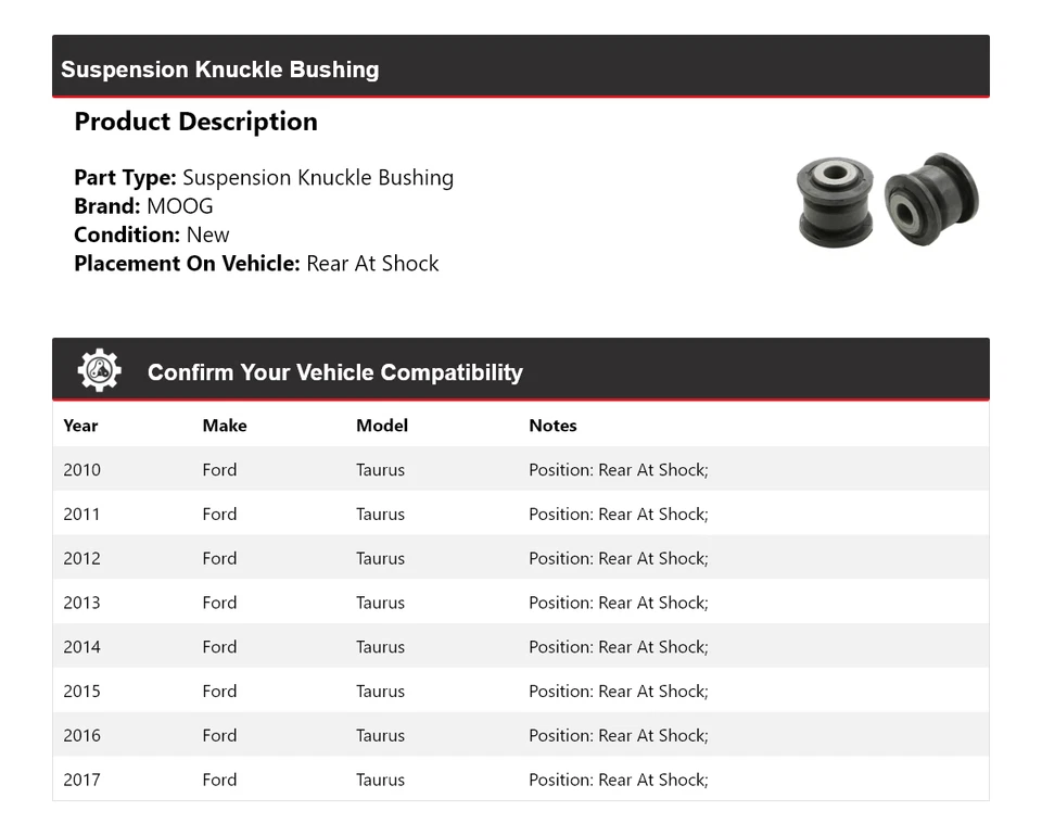 Buje de nudillo de suspensión trasero para Ford Taurus 2010-2017 MOOG 2010 Foto 2 de 3