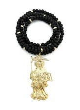 HIP HOP GOLD PLATED SANTA MUERTE PENDANT 30" BLACK WOODEN BLING NECKLACE