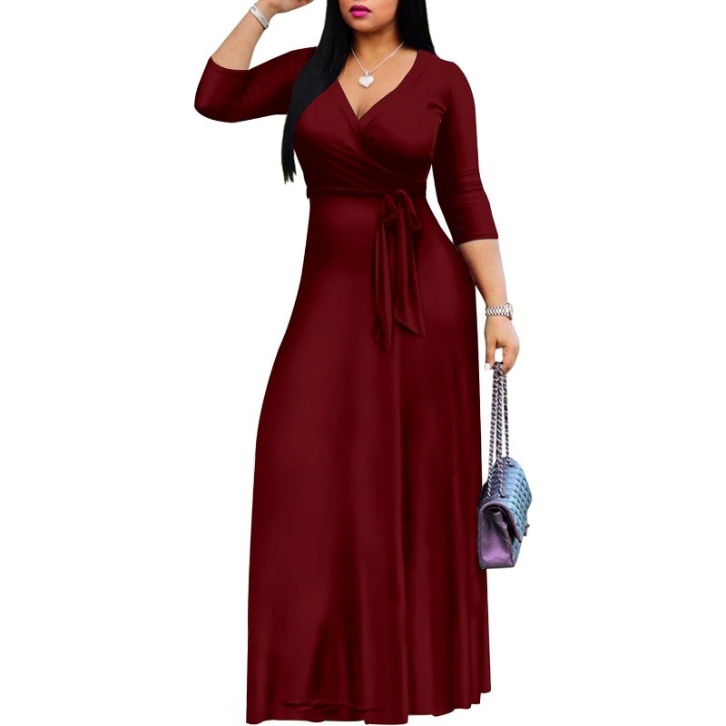 Womens Plus Size Long Maxi Wrap Dresses Summer Sundress V-Neck 3/4 Sleeve Dress