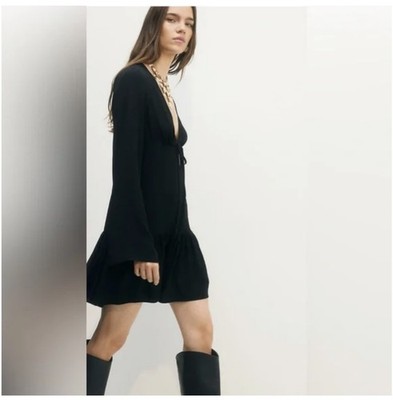 Divided H&M Deep V Long Sleeve Rayon Black Babydoll Witchy Dress medium Flows