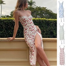 Lace Flowers Print Long Dress Sexy Fashion Slit Suspender Dress Summer Womens Cl