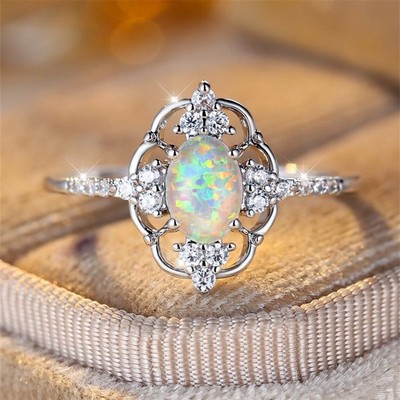 Sterling Silber zierliche ovale Stein weiß blau Opal Verlobungsringe für Frauen