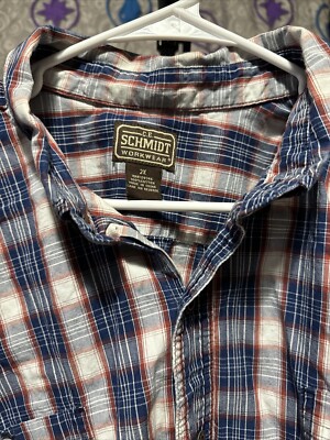 C.E. Schmidt Workwear Men's Plaid Short Sleeve Cotton Button Down 2XL Red Blue
