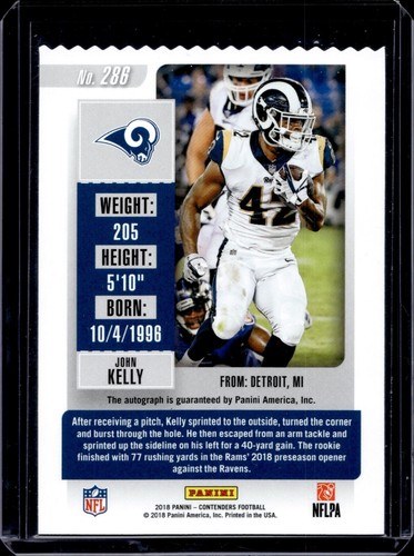 2018 Contenders Football John Kelly #286 Rookie RC Ticket Stub Auto /42 - Picture 2 of 2