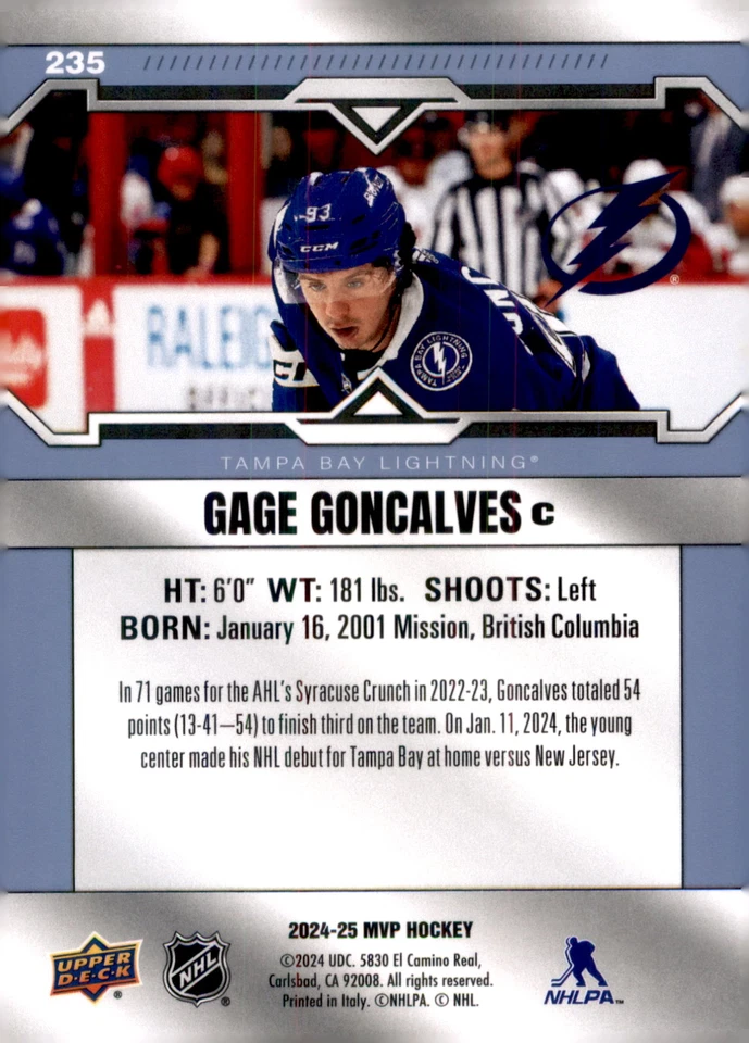 2024-25 Upper Deck MVP #235 Gage Goncalves Rookie RC - Image 2 of 2