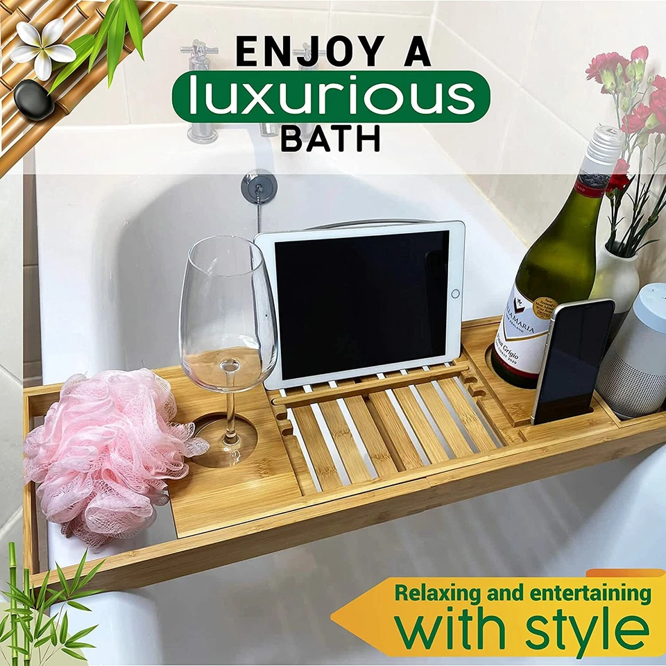 Bandeja de baño de bambú Bandeja de carro Bandeja de bañera de bambú ajustable Foto 4 de 4