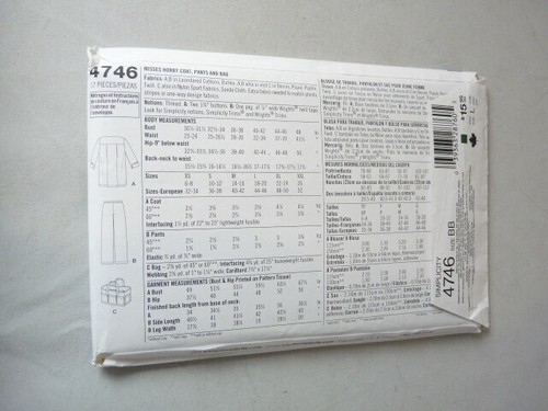 Simplicity Sewing Pattern 4746 Patty Reed Designs Hobby Coat Pants Bag L - XXL - Picture 2 of 2