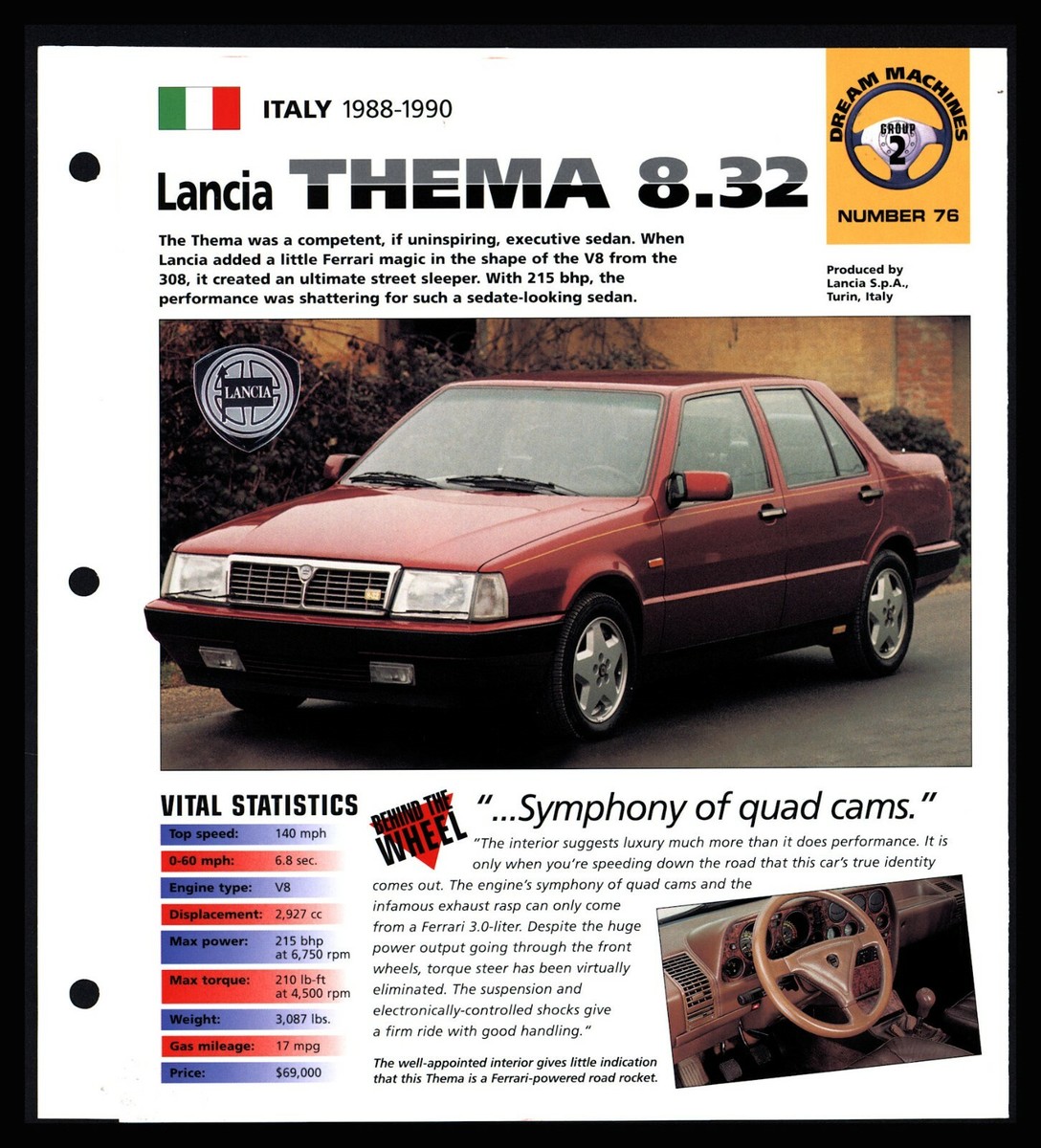 Lancia Thema 8.32 (Italy 1988-90) Spec Sheet 1998 HOT CARS Dream