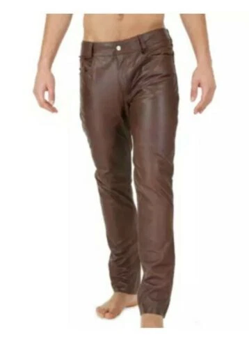 Men's Leather Trouser Pants '501 JEANS STYLE' Brown Cowhide Classic Biker Pants