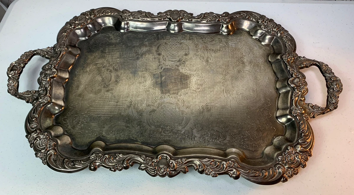 Vintage Large Ornate Silver Plated Butler Serving Tray with Handles Heavy Ornate