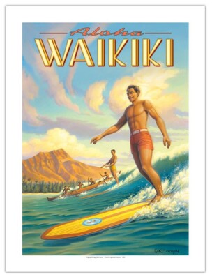Aloha Waikiki - Surfing - Diamond Head - Oahu - Honolulu Hawaii Poster