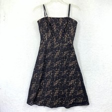 Loft Ann Taylor Mini Dress Women's Size 6 Black Tan Lace Spaghetti Strap Shift