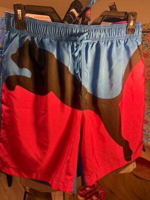 PUMA Mens Swim Shorts Big Cat Logo Size L Blue Pink 8 in