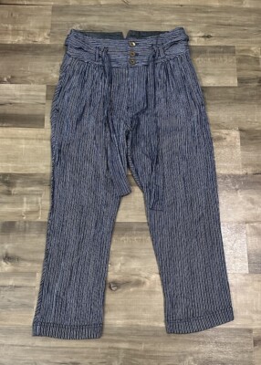 Free People Rumors Yarn Dye Harem Pants Belted Crop Length Blue White Size 4