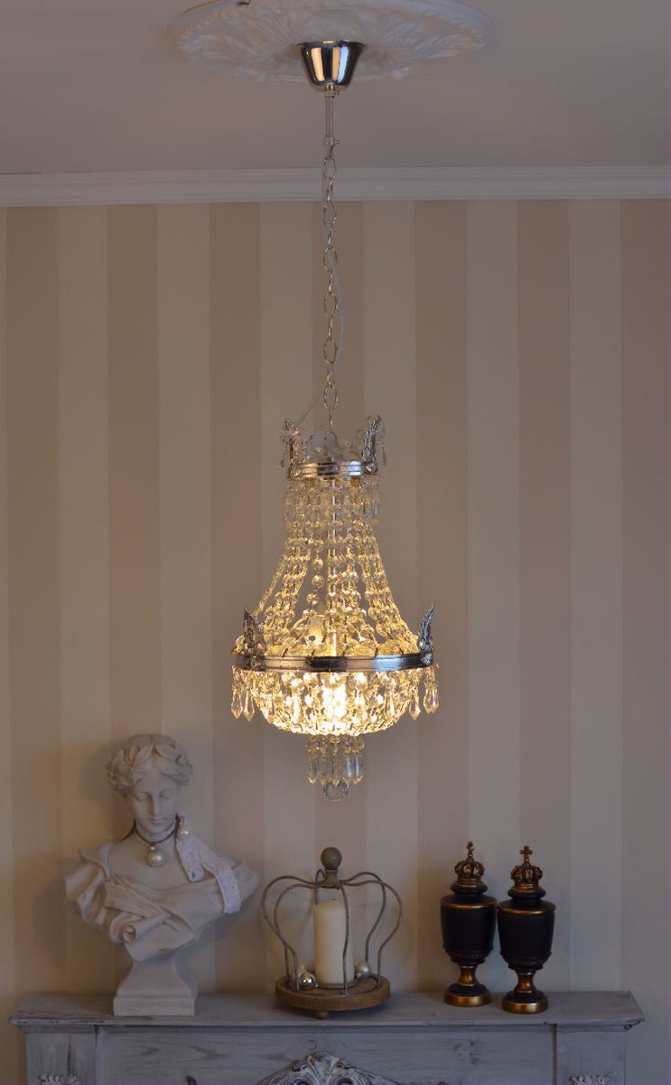 Lustre Plafonnier Pampilles Cristal – Montgolfière Argentée – Corbeille Laiton – Palazzo INT