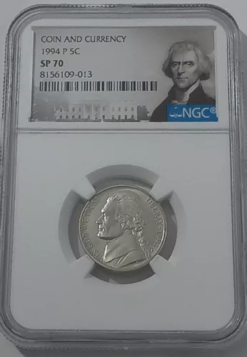 1994 P NGC SP70 Matte Proof Finish Jefferson Nickel Coin & Currency Set Portrait