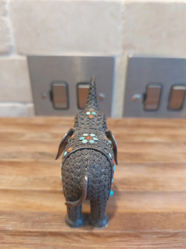 Antique Silver 925 Filigree Elephant Coral Turquoise Statue Articulated Ears 48g - Image 4 of 4